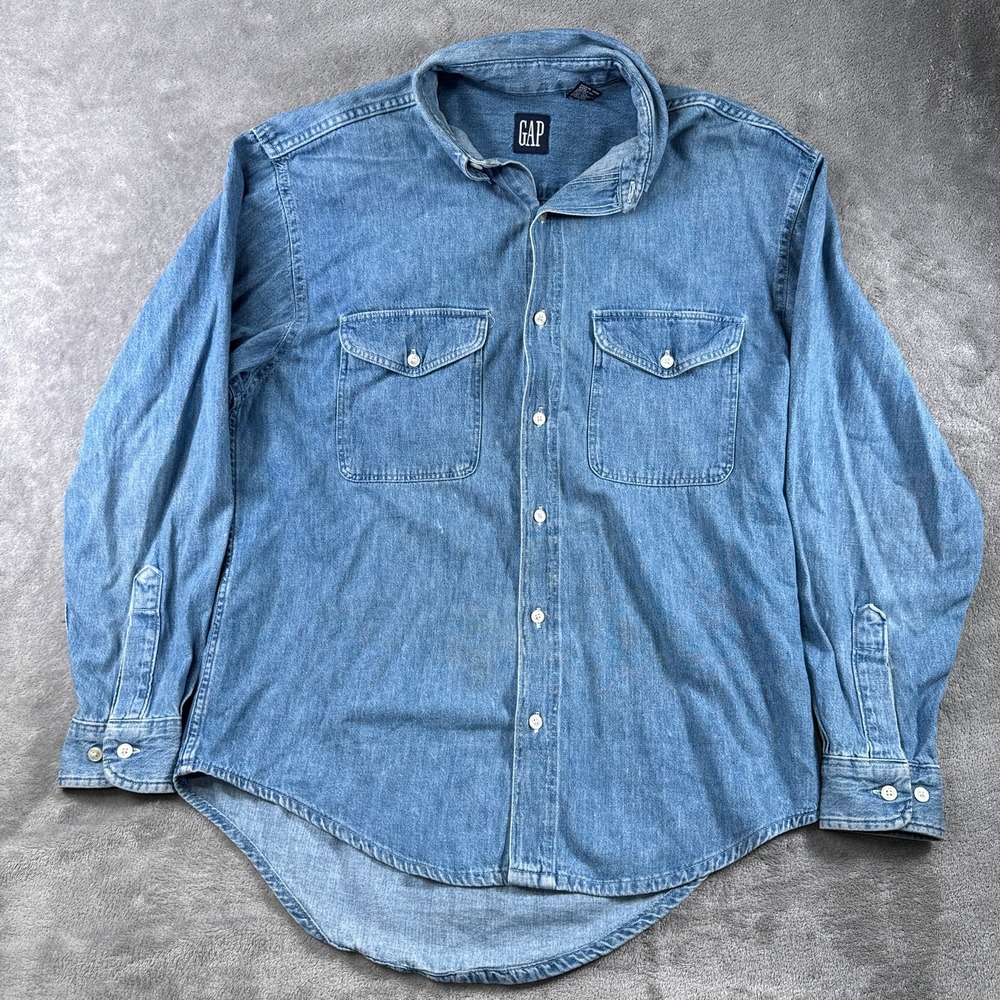 GAP Denim Shirt Mens Medium Blue Long Sleeve Button Front Made in USA 90s Vtg